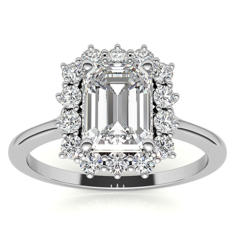 Emerald / Radiant & Round Brilliant Moissanite Halo Engagement Ring