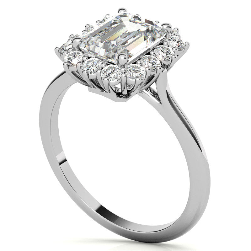 Emerald / Radiant & Round Brilliant Moissanite Halo Engagement Ring