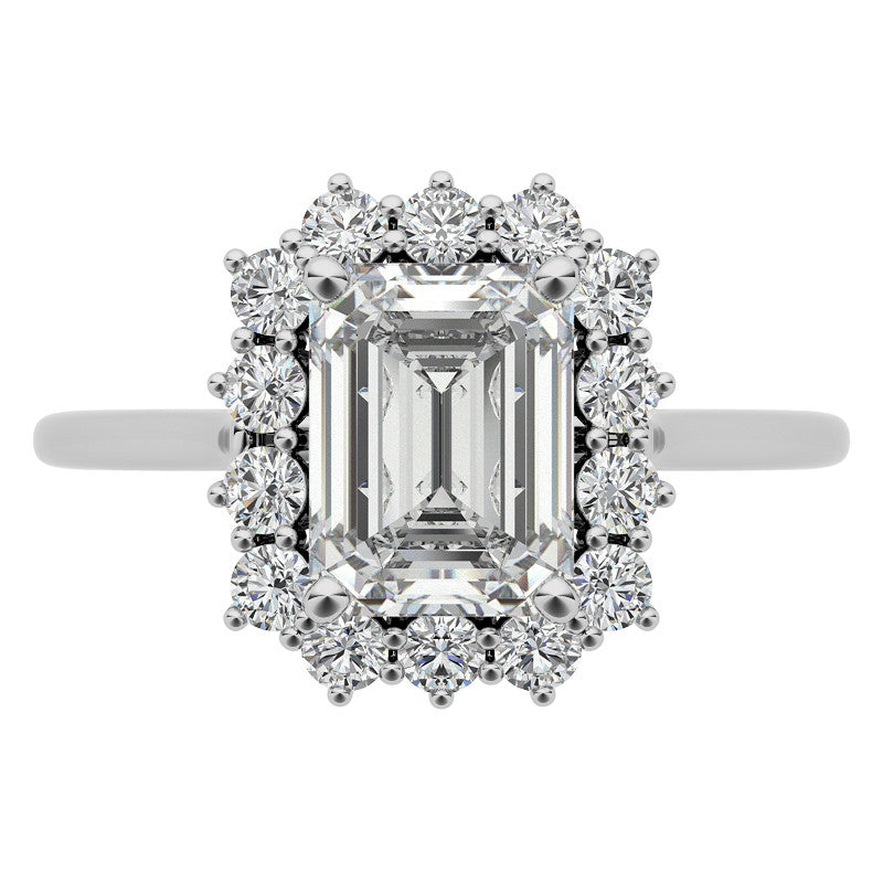 Emerald / Radiant & Round Brilliant Moissanite Halo Engagement Ring