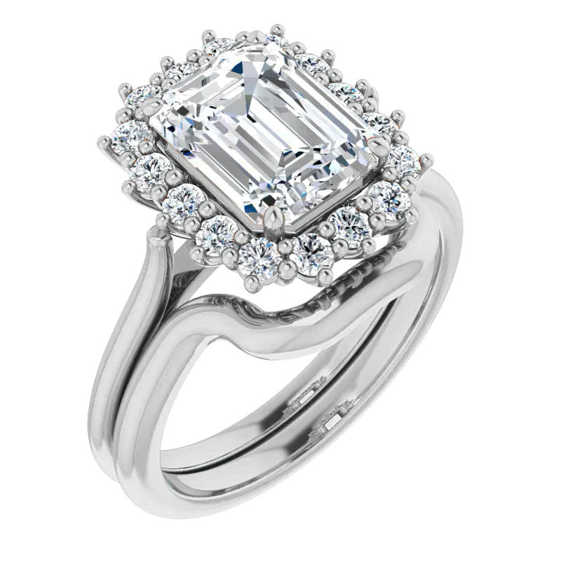 Emerald / Radiant & Round Brilliant Moissanite Halo Engagement Ring