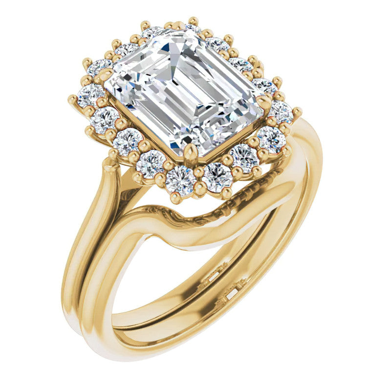 Emerald / Radiant & Round Brilliant Moissanite Halo Engagement Ring