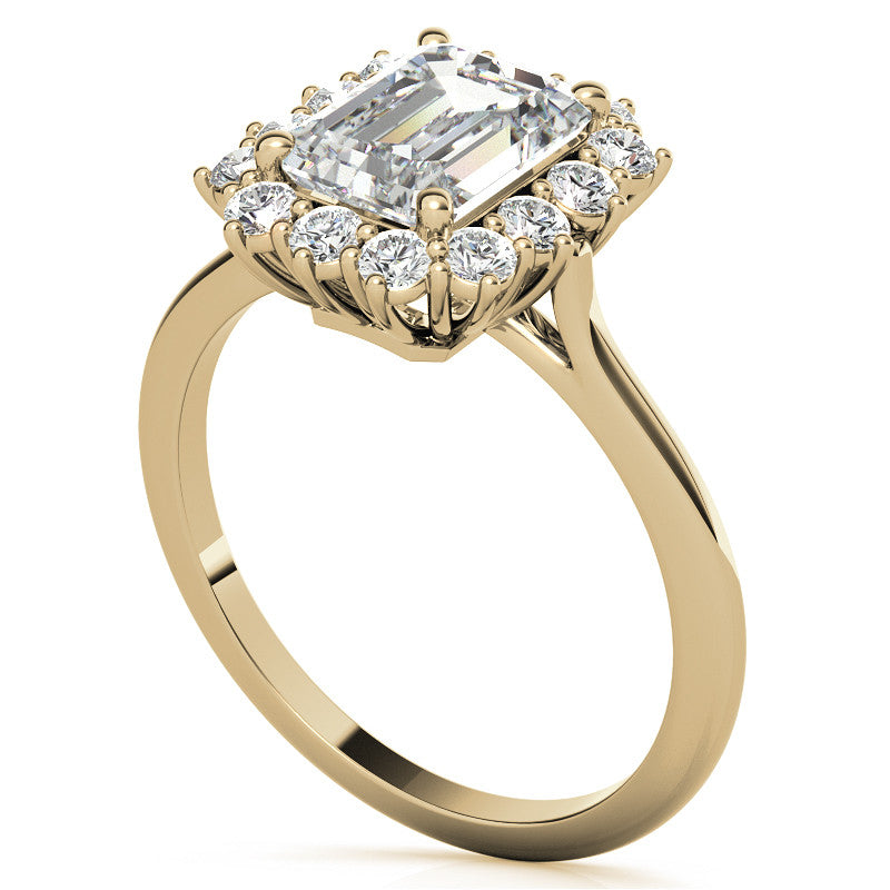 Emerald / Radiant & Round Brilliant Moissanite Halo Engagement Ring