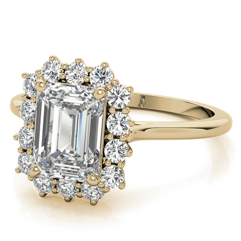 Emerald / Radiant & Round Brilliant Moissanite Halo Engagement Ring