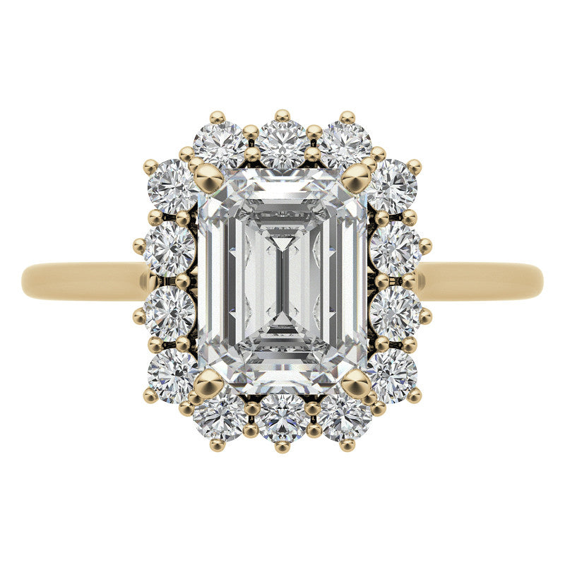 Emerald / Radiant & Round Brilliant Moissanite Halo Engagement Ring