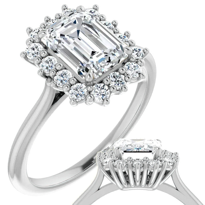 Emerald / Radiant & Round Brilliant Moissanite Halo Engagement Ring