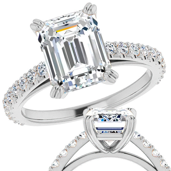 Emerald cut Moissanite Double Prong Cathedral Engagement Ring