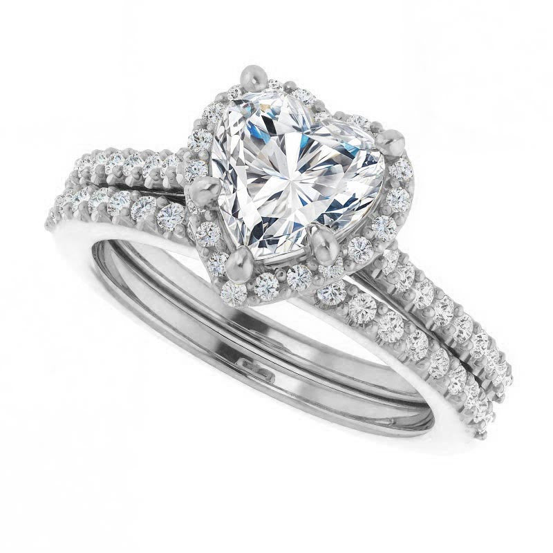 Heart shaped Moissanite Cathedral Halo Engagement Ring with Heart Accent
