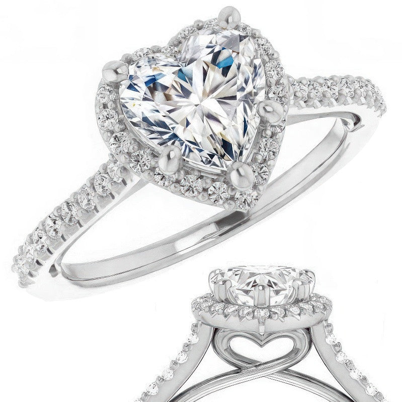 Heart shaped Moissanite Cathedral Halo Engagement Ring with Heart Accent