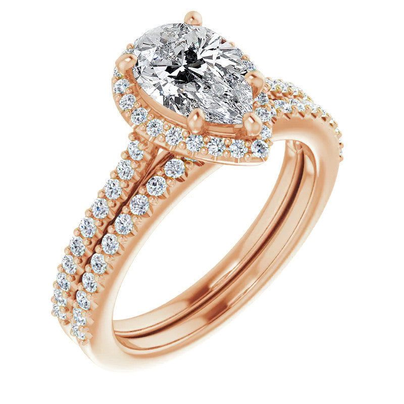 Pear Cathedral Halo Engagement Ring with Heart Accent
