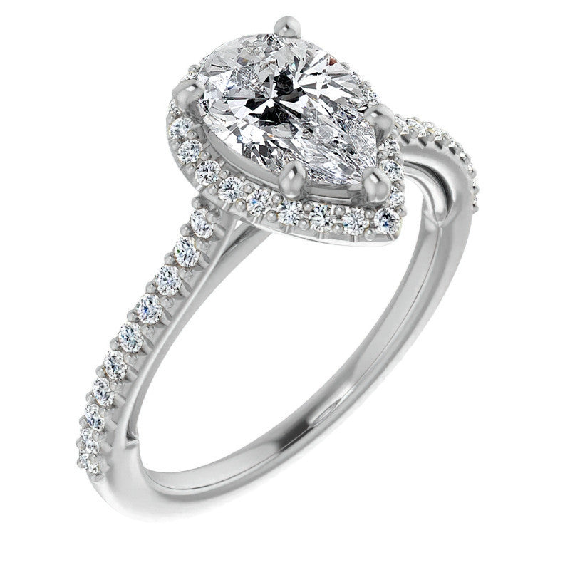 Pear Cathedral Halo Engagement Ring with Heart Accent