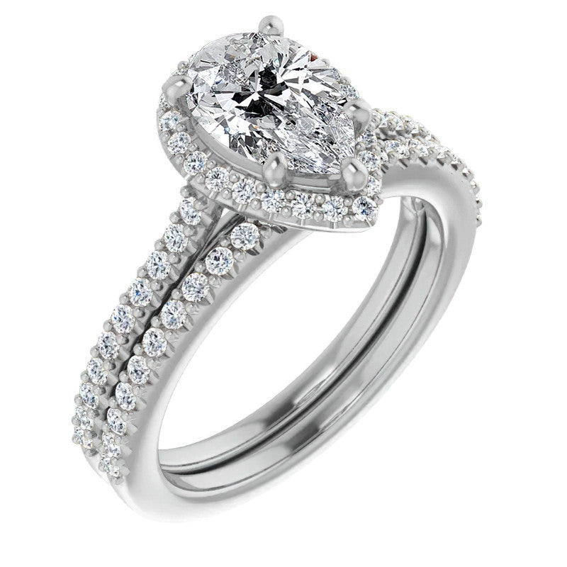 Pear Cathedral Halo Engagement Ring with Heart Accent