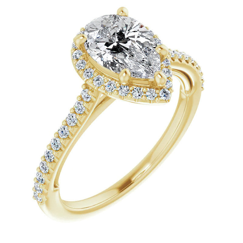 Pear Cathedral Halo Engagement Ring with Heart Accent