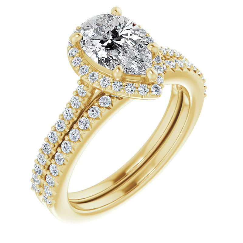 Pear Cathedral Halo Engagement Ring with Heart Accent