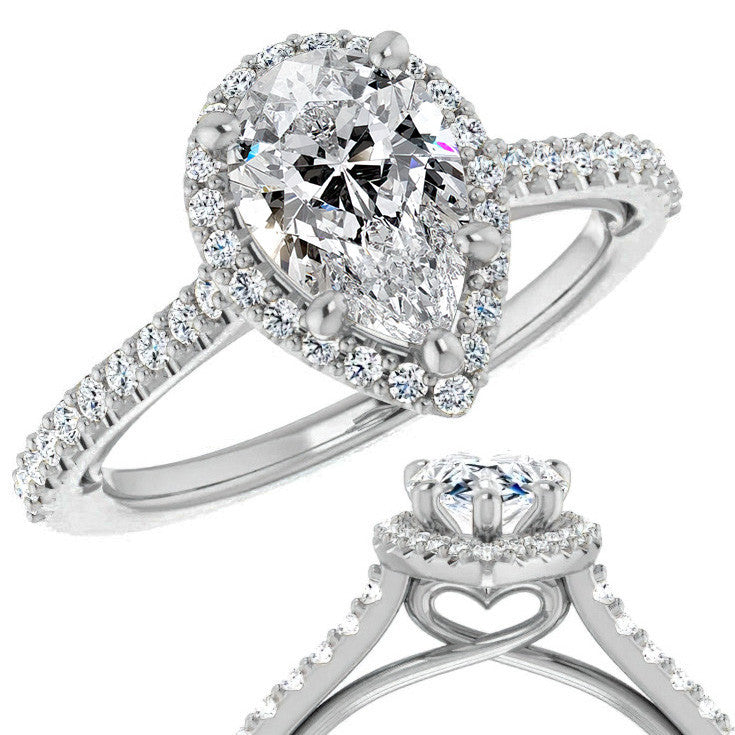 Pear Cathedral Halo Engagement Ring with Heart Accent