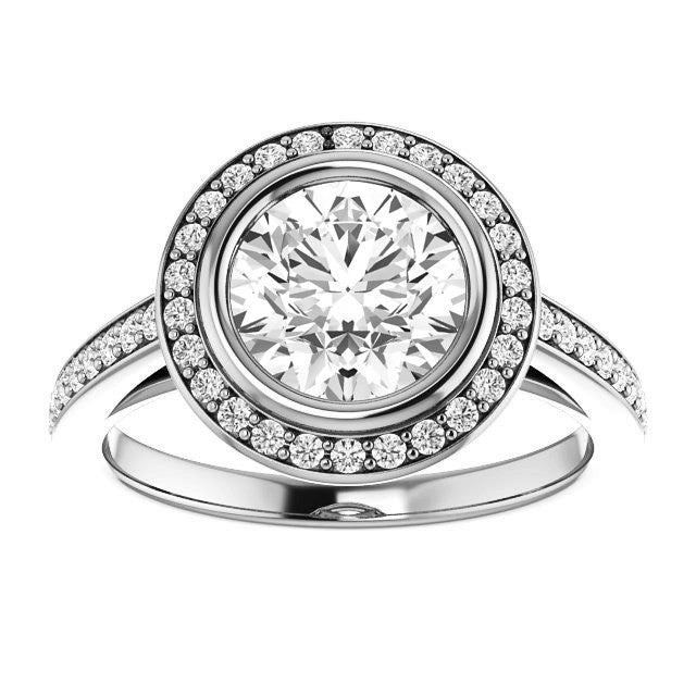 Round Brilliant cut Moissanite Bezel Halo Engagement Ring