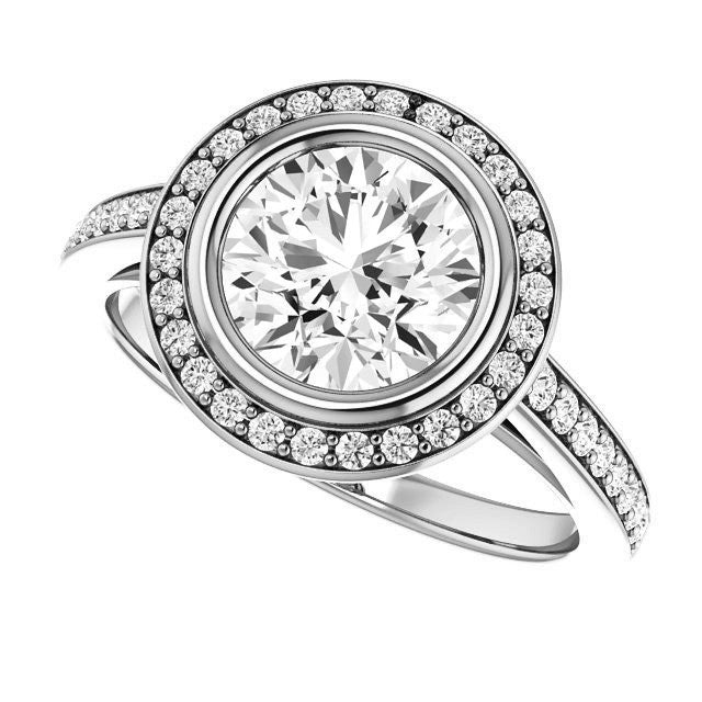 Round Brilliant cut Moissanite Bezel Halo Engagement Ring