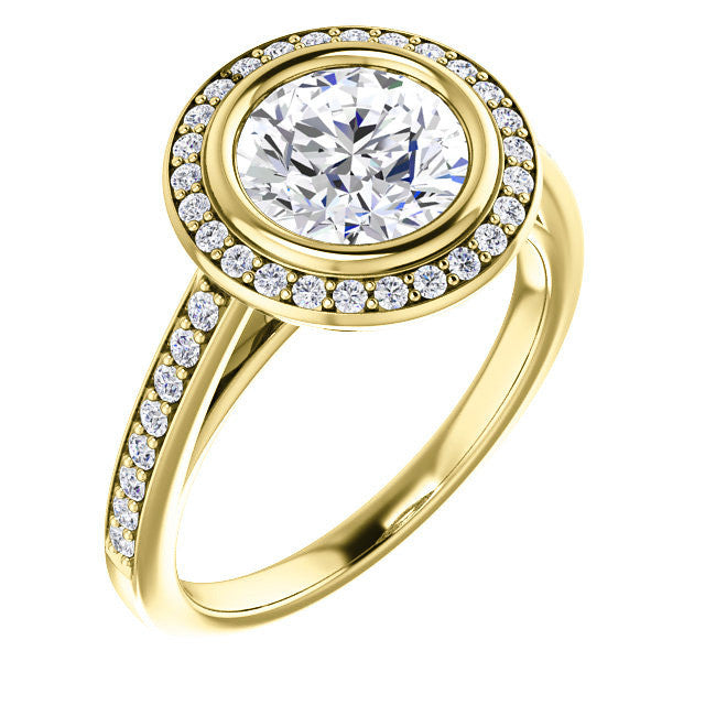 Round Brilliant cut Moissanite Bezel Halo Engagement Ring