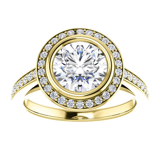 Round Brilliant cut Moissanite Bezel Halo Engagement Ring