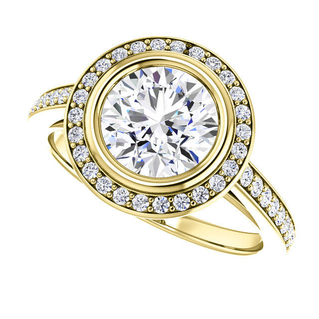Round Brilliant cut Moissanite Bezel Halo Engagement Ring