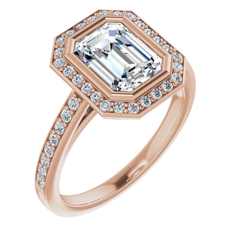 Emerald cut Moissanite Bezel Halo Engagement Ring