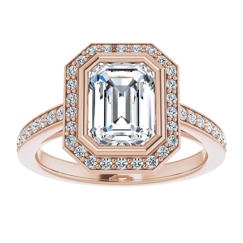 Emerald cut Moissanite Bezel Halo Engagement Ring