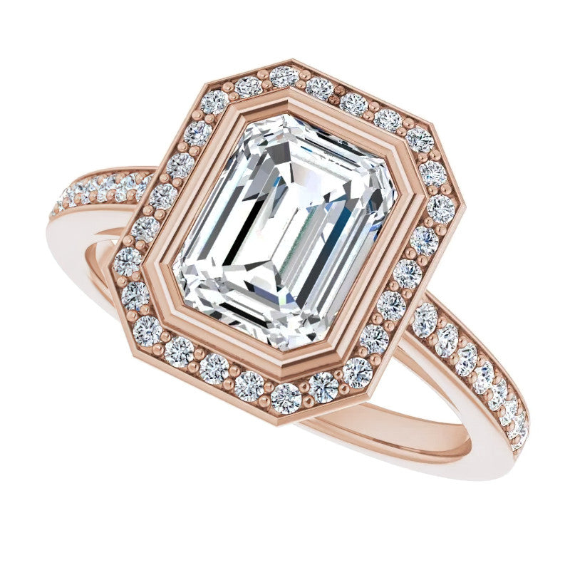 Emerald cut Moissanite Bezel Halo Engagement Ring