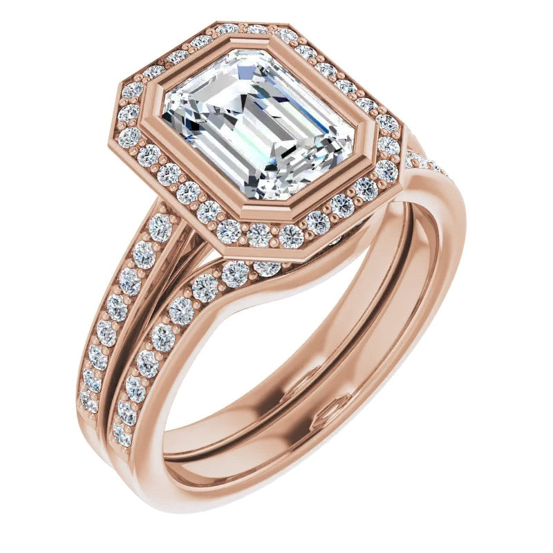 Emerald cut Moissanite Bezel Halo Engagement Ring