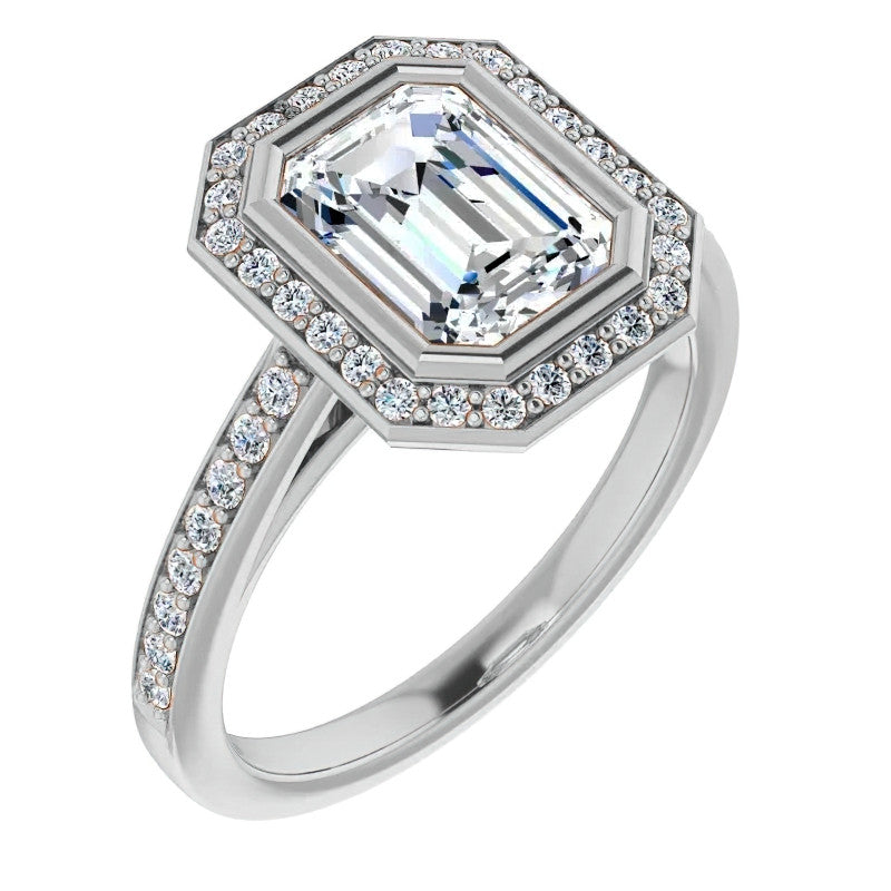 Emerald cut Moissanite Bezel Halo Engagement Ring