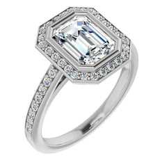 Emerald cut Moissanite Bezel Halo Engagement Ring