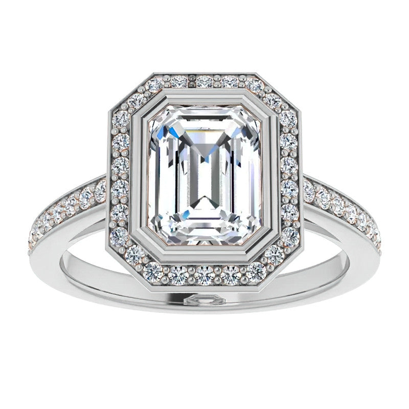 Emerald cut Moissanite Bezel Halo Engagement Ring