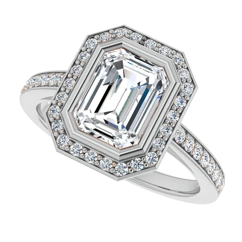 Emerald cut Moissanite Bezel Halo Engagement Ring