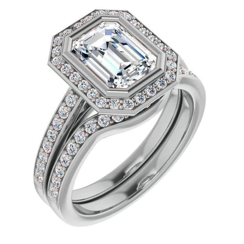 Emerald cut Moissanite Bezel Halo Engagement Ring
