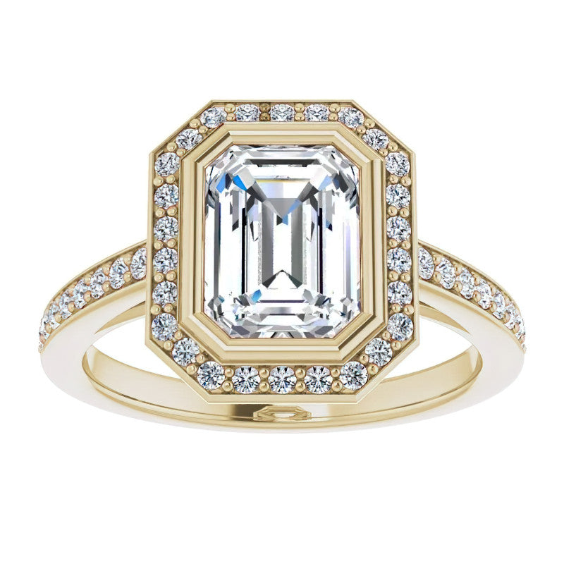 Emerald cut Moissanite Bezel Halo Engagement Ring