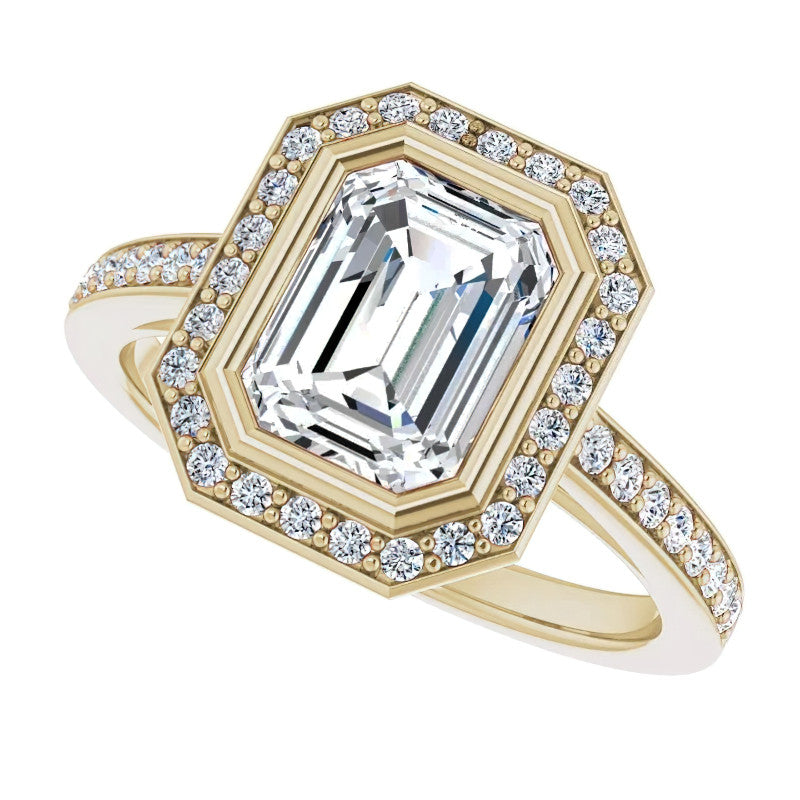 Emerald cut Moissanite Bezel Halo Engagement Ring