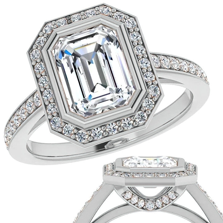 Emerald cut Moissanite Bezel Halo Engagement Ring