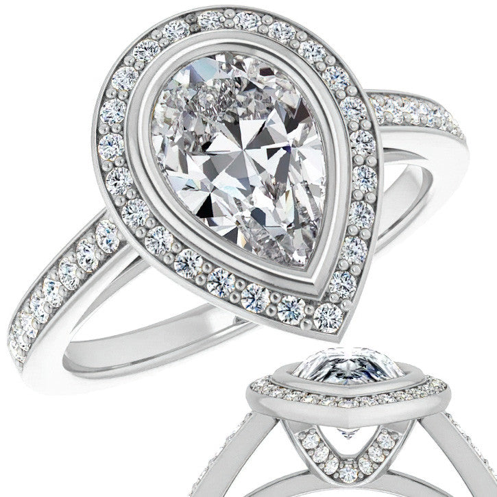Pear Moissanite Bezel Set Halo Style Engagement Ring