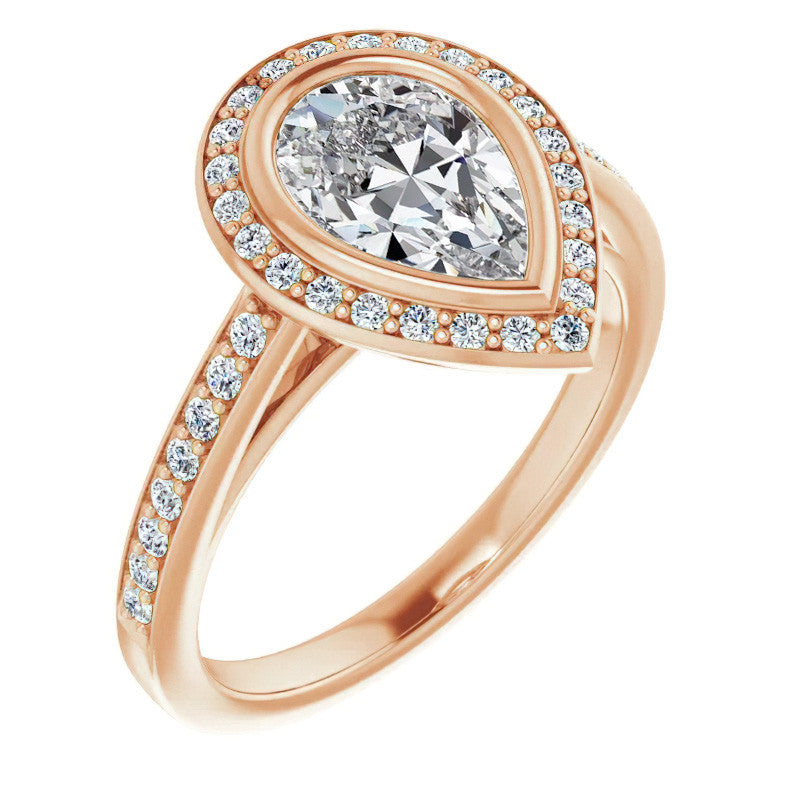 Pear Moissanite Bezel Set Halo Style Engagement Ring