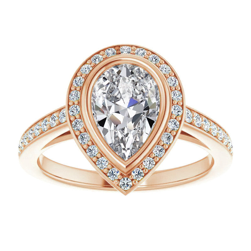 Pear Moissanite Bezel Set Halo Style Engagement Ring