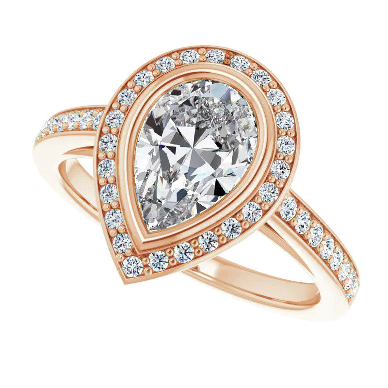 Pear Moissanite Bezel Set Halo Style Engagement Ring
