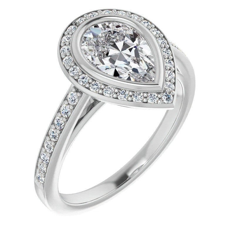 Pear Moissanite Bezel Set Halo Style Engagement Ring