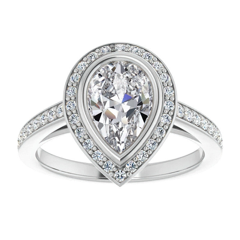 Pear Moissanite Bezel Set Halo Style Engagement Ring