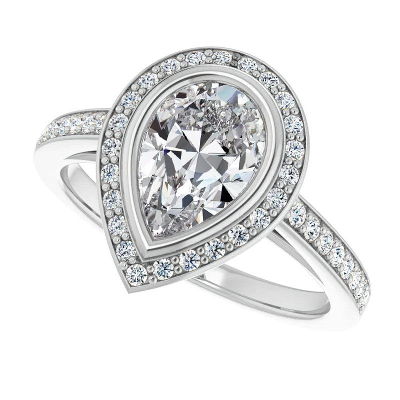 Pear Moissanite Bezel Set Halo Style Engagement Ring