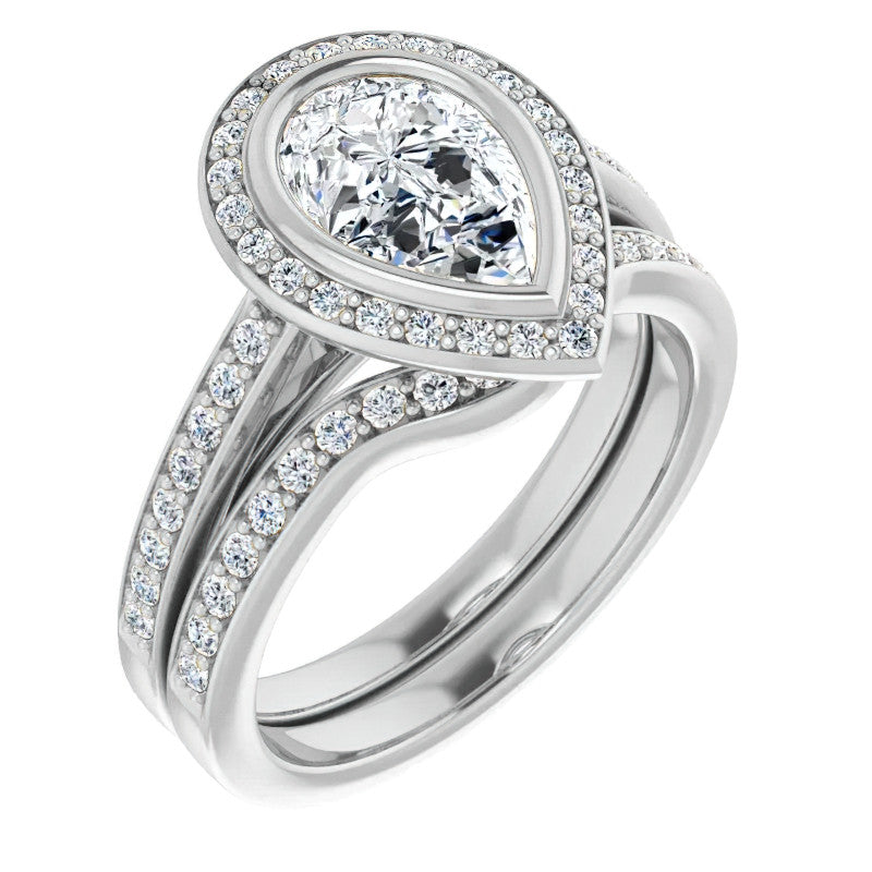 Pear Moissanite Bezel Set Halo Style Engagement Ring