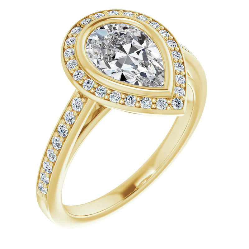 Pear Moissanite Bezel Set Halo Style Engagement Ring