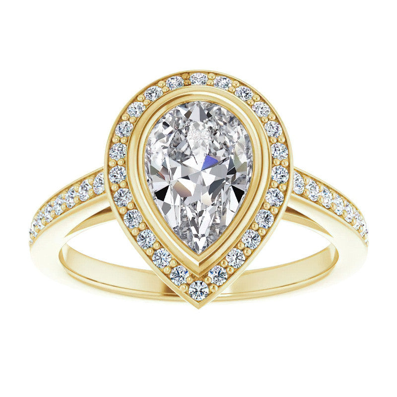 Pear Moissanite Bezel Set Halo Style Engagement Ring