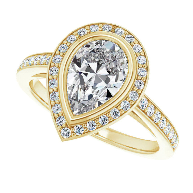 Pear Moissanite Bezel Set Halo Style Engagement Ring
