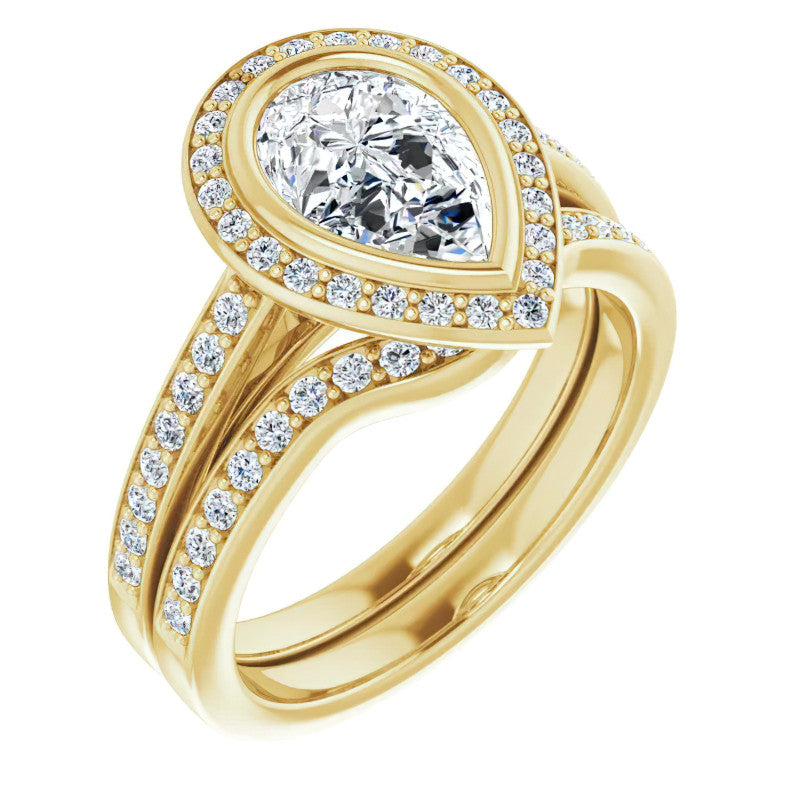 Pear Moissanite Bezel Set Halo Style Engagement Ring