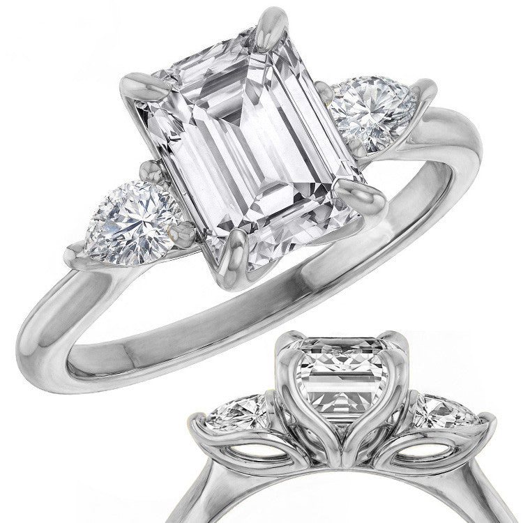 Emerald / Radiant and Pear Moissanite Engagement Ring