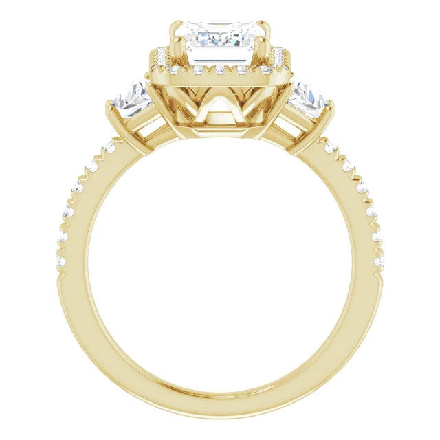 Emerald / Radiant Three Stone style Engagement Ring