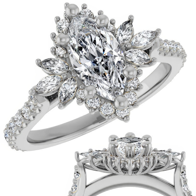 Marquise Halo Moissanite Cathedral Engagement Ring